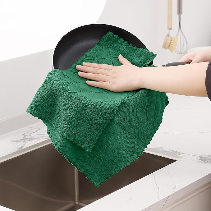 Homaxy 12 Pack Super Soft Absorbent Dish Cloths, 13" x 19", Dark Green | Coral Velvet, Nonstick Oil Fast Drying Microfiber Cleaning Cloth, No Lint Dishcloths for washing and drying