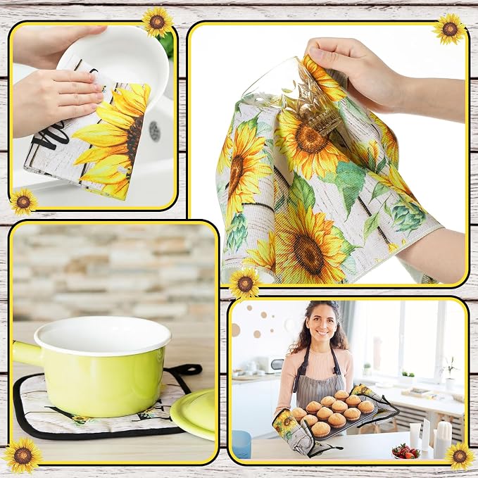 Fourluoo 10 Pcs Farmhouse Sunflower Kitchen Decor Set Sunflower Kitchen Towels and Rugs Oven Mitts Pot Holders for Cooking Baking Grilling Gift