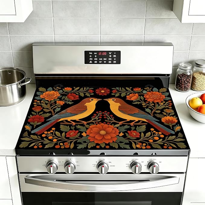 Vintage Birds Flowers Stove Top Covers for Electric Stove,Retro Glass Top Stove Cover, Heat Resistant Range Covers for Electric Stove,Washable Countertop Mat, 28 x 20 Inch