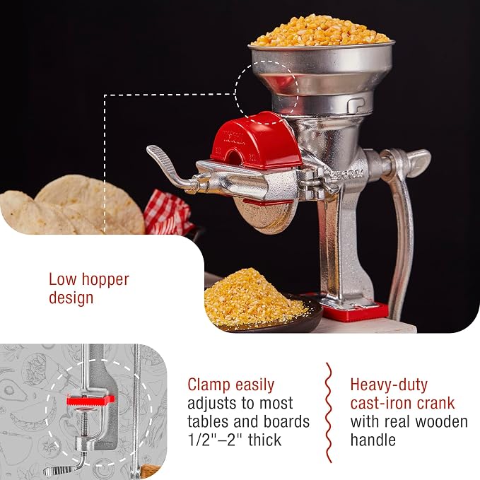 Victoria Manual Cast Iron Grain Mill with Low Hopper, Premium Corn-Grinding Mill and Grain Grinder, Made in Colombia | Premium Corn-Grinding Mill and Grain Grinder, Made in Colombia
