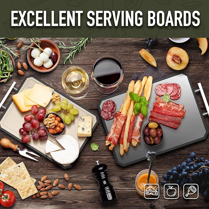 SNOWCLAD Stainless Steel Cutting Board Set of 2 for kitchen | Non-Toxic Metal Cutting Board,Double Sided Stainless Steel/Wheat straw pp Large for meat,Dishwasher Safe [16*11+12*8.3 Inch]