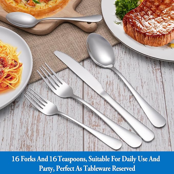 32 Pcs Forks and Spoons Silverware Set,Food Grade Stainless Steel Flatware Cutlery Set for Home,Kitchen and Restaurant,Mirror Polished,Dishwasher Safe-16 Dinner Fork(8 inch) and 16 Teaspoon(6.5 inch)