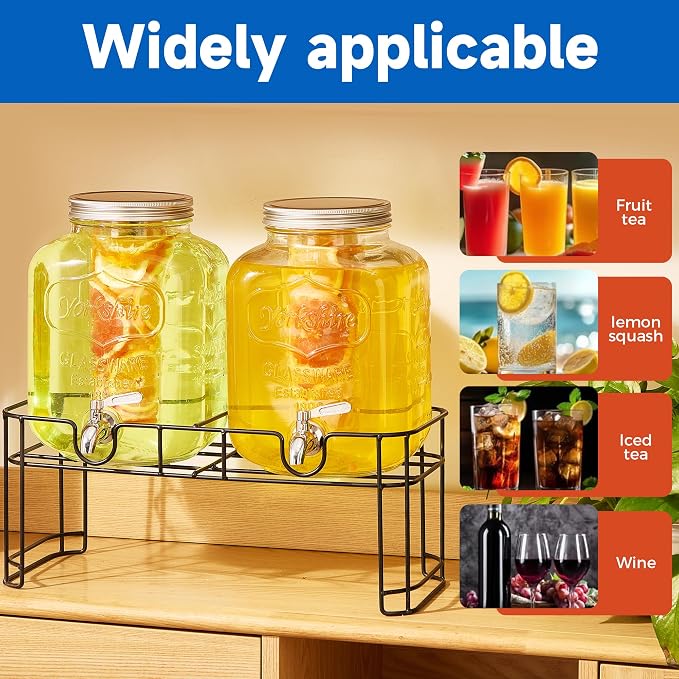 1.5 Gallon Glass Drink Dispensers for Parties, 2PACK Beverage Dispenser with Stand, Ice Cylinder and Stainless Steel Spigot 100% Leakproof, Beverage Dispenser for Lemonade Sun Tea