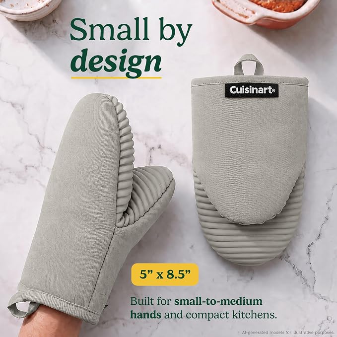 Cuisinart Mini Oven Mitts, 2-Pack 5"x8.5", Heat Resistant 500F | Compact pot holder for baking, air fryer, and cookware, silicone non-slip grip, hanging loop, fits either hand, wipes clean