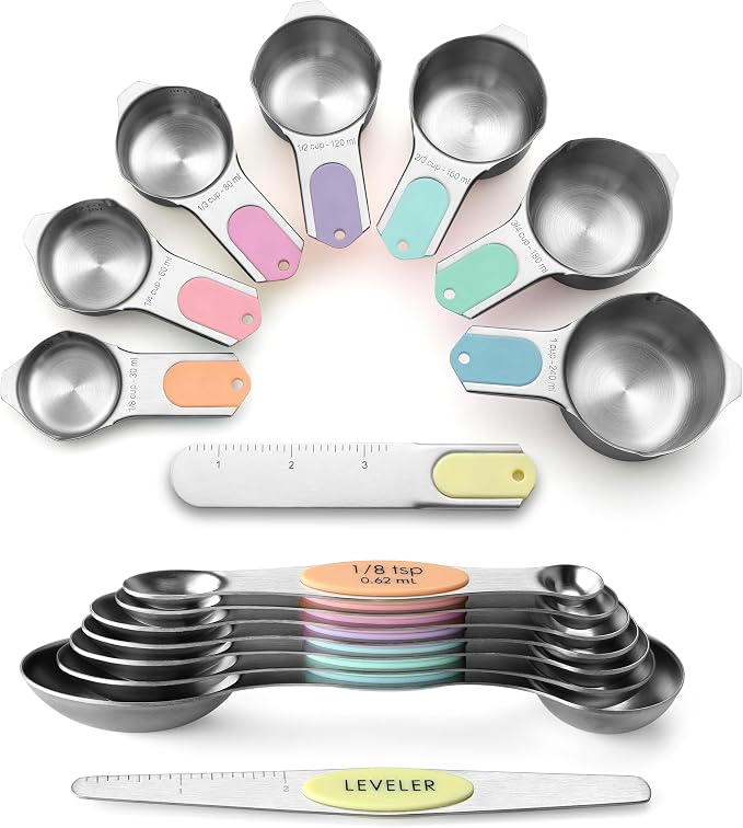 Spring Chef Magnetic Measuring Cups & Spoons Set of 15, Patented, Pastel | Stackable Stainless Steel Measuring Cups & Heavy Duty Metal Measuring Spoons with Levelers for Dry & Liquid Ingredients