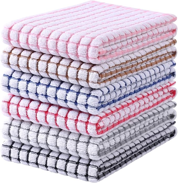 Mordimy Cotton 6 Pack Terry Kitchen Towels, 16 x 25 Inches | Super Soft and Absorbent Dish Towels, Quick Drying Hand Towels for Kitchen Drying, Black/Grey/Blue/Pink/Red/Brown