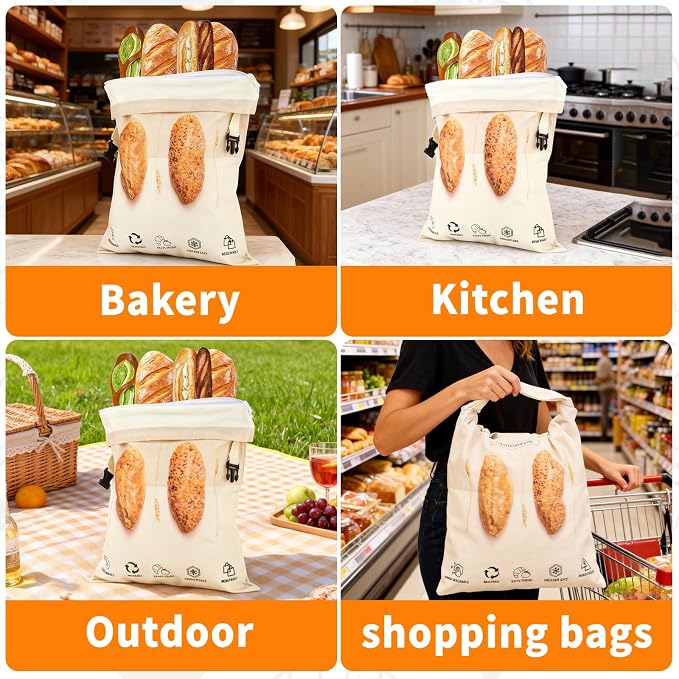 Cotton Beeswax Bread Bags for Sourdough Homemade with Zipper, Freezer-Friendly & Freshness Preservation, 2 Pack XL Natural Detachable Reusable Beeswax Lined Bread Bag Easy to Clean