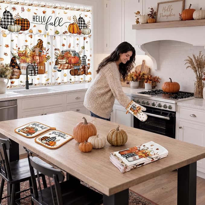 13 Pcs Fall Thanksgiving Kitchen Set with Pumpkin Towels Nonslip Mats Curtains Fall Valance Pot Holders Oven Mitts for Home Cooking Grilling Gift Harvest Autumn Home Decor