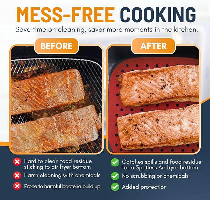 Reusable Square Silicone Air Fryer Liners (7.5 Inch, 3 Pack) by Linda’s Essentials - Non-Stick, Easy-Clean Accessories with Cheat Sheet & Recipe Book, Perfect for Quick Meals