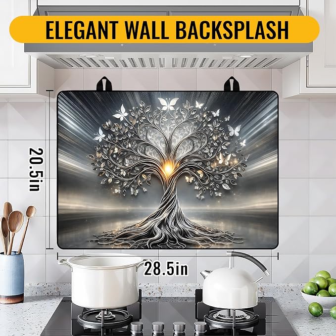 NYZE Extra Counter Space Stove Cover for Glass Top Stoves, 28" x 20" Decorative Silver Tree of Life with Butterflies Cooktop Protector, Durable Heat Resistant Mat Pad for Kitchen Organization