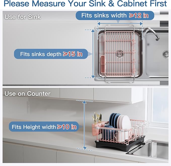 JASIWAY Pink Dish Drying Rack in Sink with Drainboard and Utensil Holder | Use Over the Sink or Counter, Stainless Steel Expandable Dish Drainer for Small Kitchen, Space Saving, Fast Drain, Rustproof