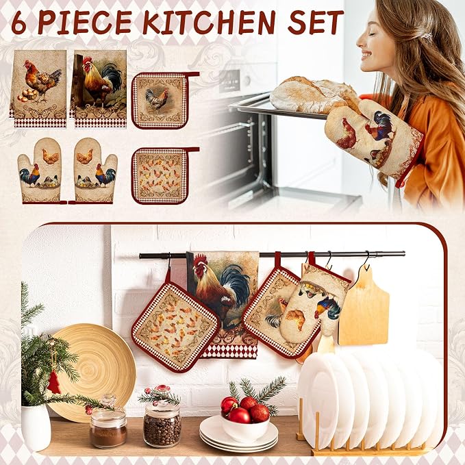 Leinuosen 6 Farm Rooster Farmhouse Kitchen Decor Dish Towels Oven Mitts and Pot Holders Sets Chicken Kitchen Towels Absorbent Decorative Accessories for Cooking Baking Grilling