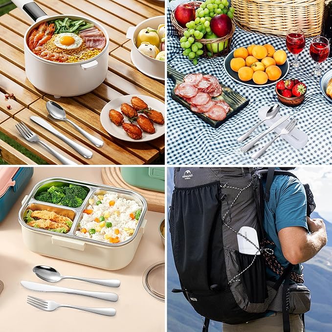 Travel Utensils with Case, 4-Piece Stainless Steel Portable Cutlery Set, Reinforced Case with Buckle Design, Lunch Box for Camping Work School, Include Fork Spoon Knife, Dishwasher Safe, Silver