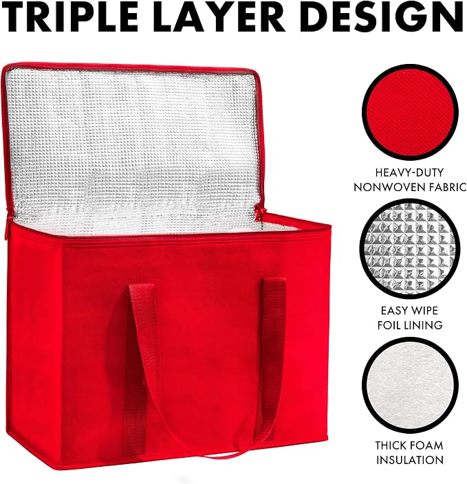 Carrywell (Not Made In China) Insulated Reusable Grocery Bags 2-Pack, Catering and Delivery Bag For Hot and Cold Food, Collapsible Thermal Tote For Doordash