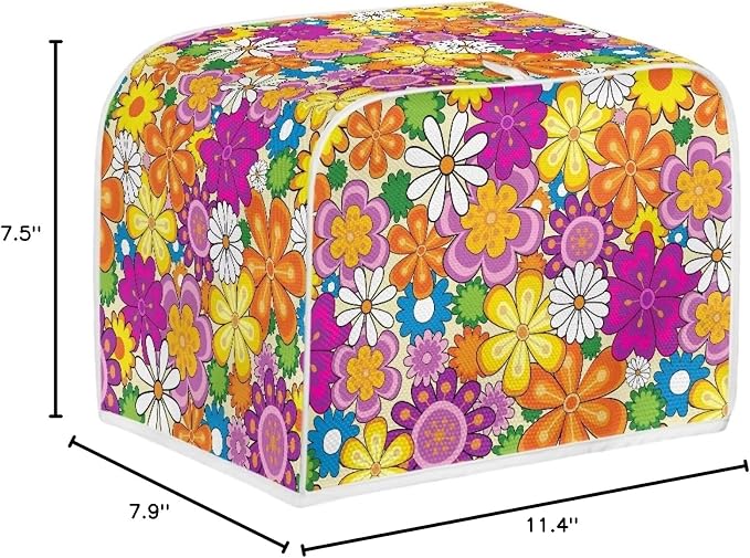Daisy Print Food Toaster Cover Multicolor, Floral 2 Slice Wide Slot Oven Protector Fingerprint Protector, Foldable Small Appliance Protection Anti-dust Bread Machine Cover