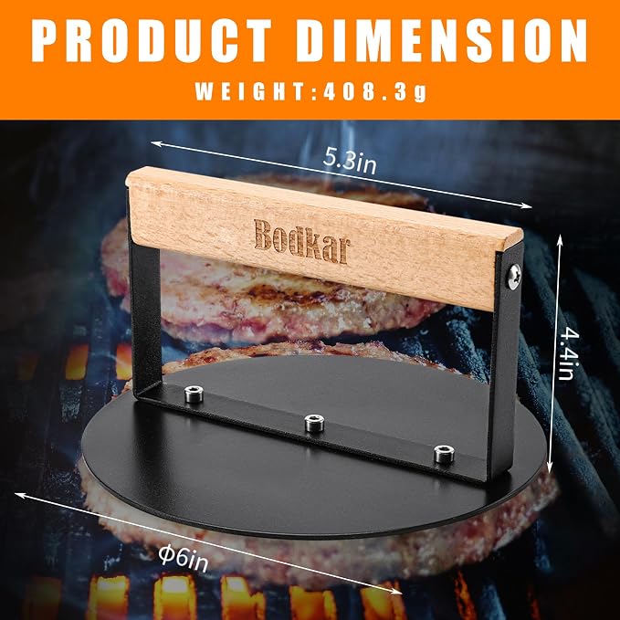 bodkar Smash Burger Press 6 inch, Round Burger Smasher Grill Press for Griddle Bacon Press Meat Steak Press with Wood Handle | for Griddle Bacon Press Meat Steak Press with Wood Handle