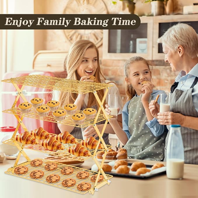 Pleafind 4 Tier Gold Collapsible Cooling Rack - 3 Setting Design, Adjustable ＆ Stackable Baking Rack, 5 Modes Cooling Racks for Cooking and Baking, Roasting ＆ Grilling Gifts for Picnic Party