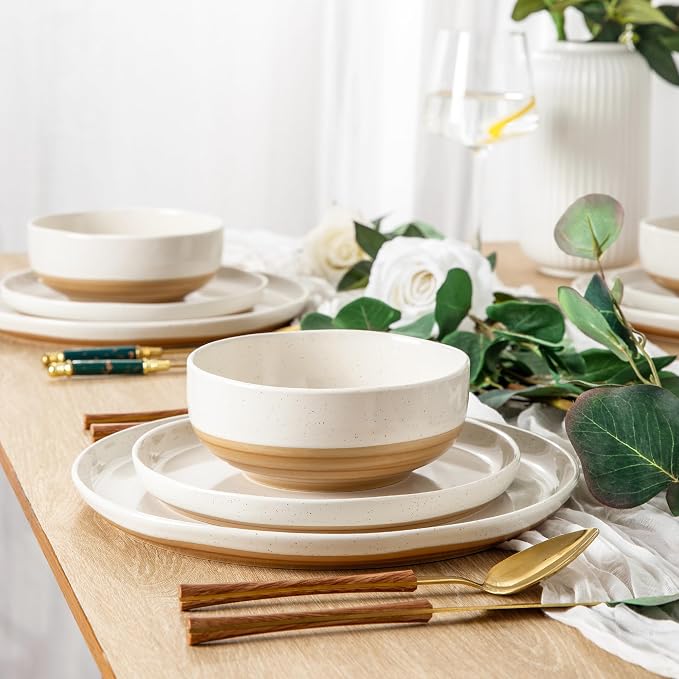 AmorArc Dinnerware Sets for 4, 12 Pieces Ceramic Plates and Bowls Set | Scratch Resistant Stoneware Dishes Set, Dishwasher & Microwave Safe, Light Beige