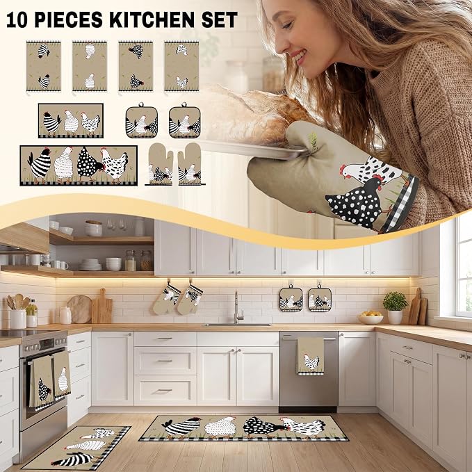 10 Pcs Kitchen Decor and Accessories Set, Chicken Country Rustic | Rooster 4 Dish Towels Kitchen Rugs 2 Oven Mitts 2 Pot Holders, Home Decor for Cooking Baking BBQ Gifts Women Mom Housewarming