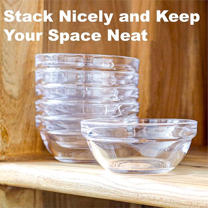 4.4 oz Clear Glass Bowl, Mini Prep Dish for Salt and Spices, Microwave and Dishwasher Safe, Stackable, Set of 6