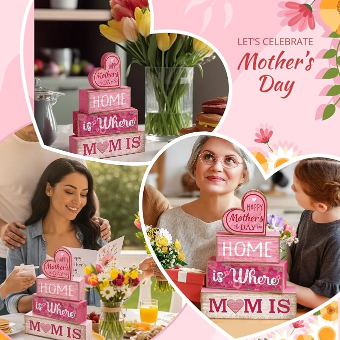 Lineshading 4 Pcs Wooden Block Signs Mothers Day Farmhouse Tabletop Decor | Stackable Tiered Tray Decor for Mom, Rustic Table Centerpiece Gift, Floral Wooden Pieces, Kitchen Shelf Farmhouse Accent