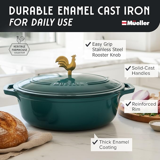 MUELLER HOME 5.5 Quart Enameled Cast Iron Oval Dutch Oven with Rooster Knob and Cotton Potholders, Heavy-Duty Cookware, Oven-Safe up to 500° F & Across All Cooktops, Thanksgiving Essentials, Emerald | Rooster Knob, Cotton Potholders Included, Heavy-Dut...
