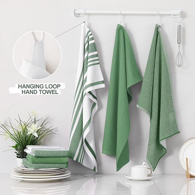Homaxy Cotton 380 GSM Premium Kitchen Towels, 18"x28", 12 Pack, GrassGreen | Soft and Absorbent Terry Dish Towels, Multipurpose Tea Towel Set with Hanging Loop, 3 Styles Kitchen Hand Towels