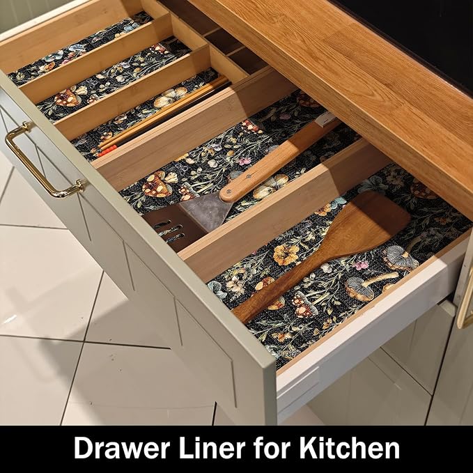 Black Mushroom Shelf Drawer Liner for Kitchen Non-Adhesive | Waterproof Strong Non-Slip Shelf Cabinet Drawer Liners for Dresser Table Cupboard Liners,Easy to Clean,12IN x 10FT