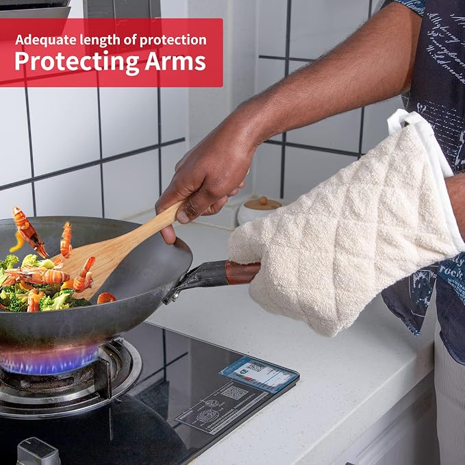Terry Cloth Oven Mitts 100% Cotton Heat Resistant 13" 482°F Set of 2 | Quilted Lining, 1 Pair, Heat Resistant, Classic, Cotton Blend, Cooking, Baking, Grilling, Non-Slip Grip