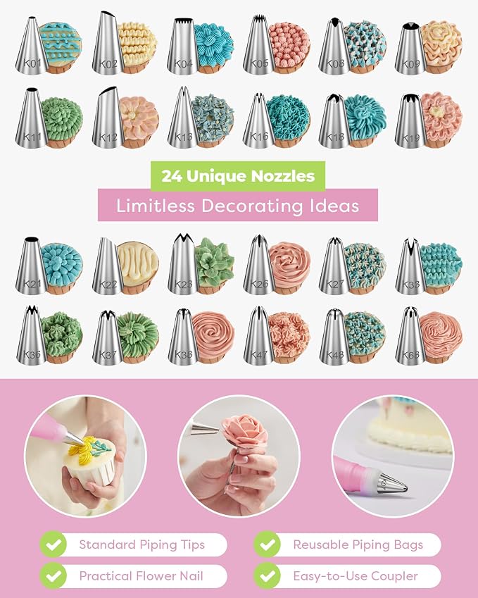 Kootek 32 Piping Bags and Tips Set Frosting Piping Kit for Beginners & Pros | Storage Case, Baking Supplies Tools, 24 Icing Tips, 2 Reusable Piping Bags, 3 Scrapers, for Cupcake Cookie Cake Decorating