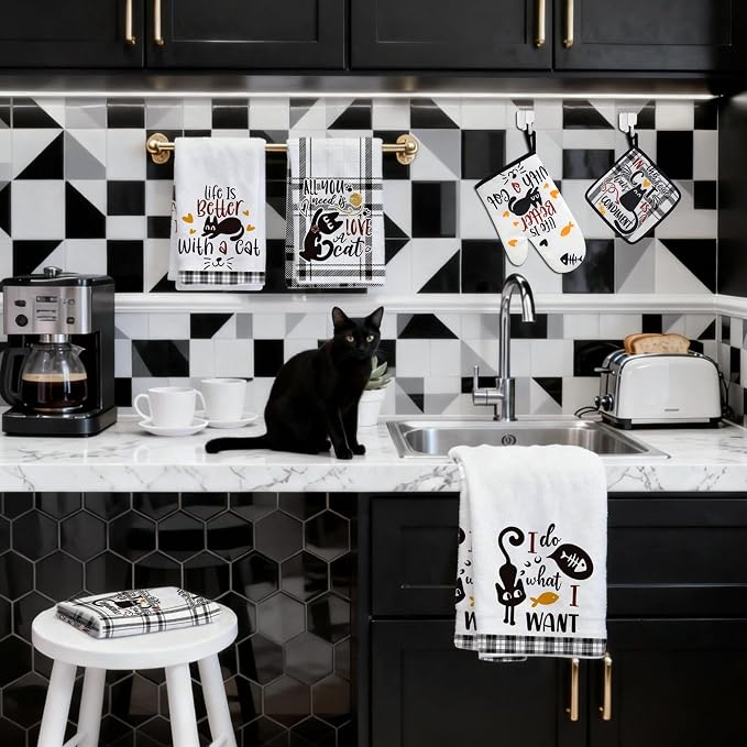 8 PCS Black Cat Decor Kitchen Decor and Accessories - 4 Dish Towels Set 2 Oven Mitts and Pot Holders Sets for Cat Lover Cooking Baking Cute Kitty Kitten Plaid Lightweight