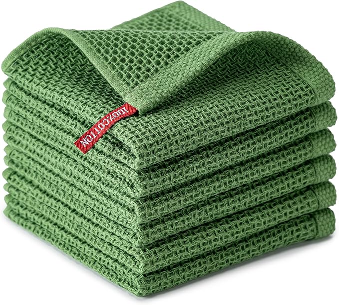 Kitchen Towels 6-Pack Kitchen Dish Cloths,100% Cotton,12x12 In,Grass Green | Towels Waffle Weave,Ultra Soft Absorbent, Quick Drying