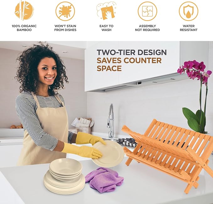 Bambüsi Collapsible Dish Drying Rack, Foldable Kitchen Counter Dish Drainer | Dish Rack Folds Flat, Space-Saving Bamboo Strainer, No Assembly, Holds Plates Cups Bowls Mugs Utensils, for Home, RV, Dorm