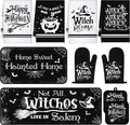 Fanfanwin 10 Pcs Halloween Kitchen Decor Accessories Set Witch Style | Halloween 4 Kitchen Towels 2 Pot Holders 2 Oven Mitts 2 Rugs Set, for Baking Cooking BBQ Autumn Home Decor Holiday Gifts