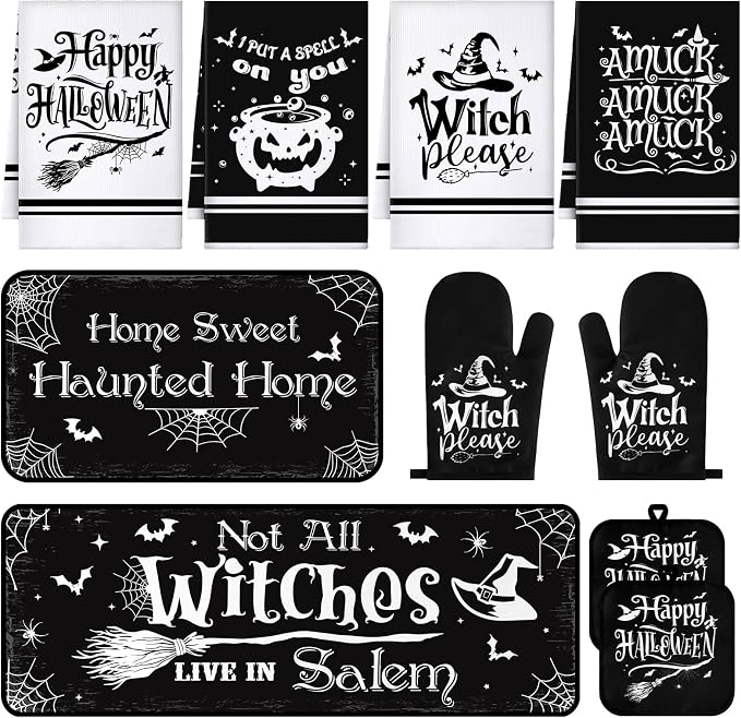 Fanfanwin 10 Pcs Halloween Kitchen Decor Accessories Set Witch Style | Halloween 4 Kitchen Towels 2 Pot Holders 2 Oven Mitts 2 Rugs Set, for Baking Cooking BBQ Autumn Home Decor Holiday Gifts