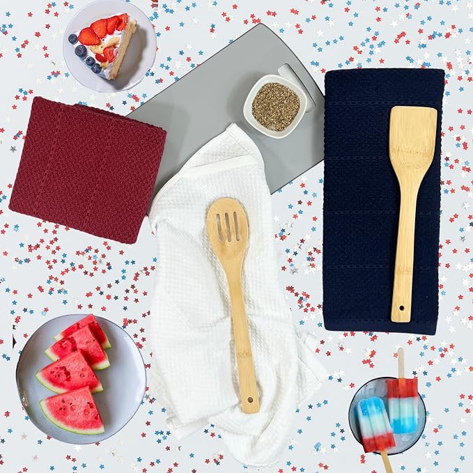 Patriotic Red White Navy Blue Kitchen Hand Dish Towels Oversized 28"x18" Nautical 100% Cotton Cloth Soft Cleaning Drying Absorbent Textured Design 3 Pc Multipurpose for Everyday Use Summer 4th of July