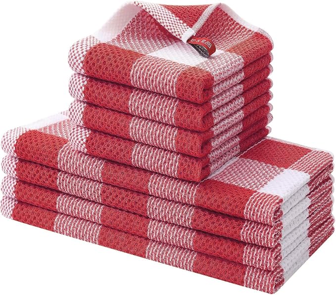 Homaxy Kitchen Towels and Dishcloths Set, Set of 8, White & Red | Bulk Cotton Waffle Weave Check Plaid Kitchen Towels, Super Soft and Absorbent Dish Cloths, 12 x 12 and 13 x 28 Inches