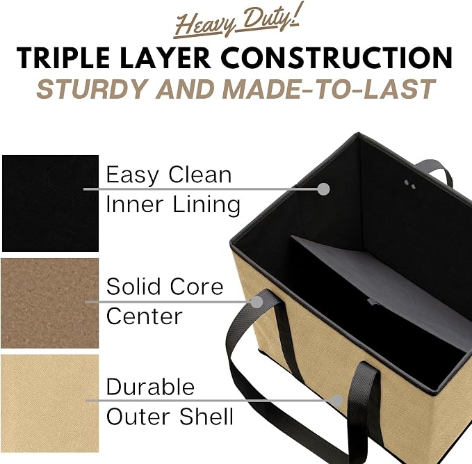 Reusable Grocery Bags (3 Pack) – Heavy Duty Reusable Shopping Bags for Groceries with Box Shape to Stand Up, Stay Open, Fold Flat – Large Tote-Bag is Foldable with Long Handles & Hard Bottom (Beige)