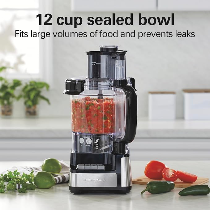 Hamilton Beach 12 Cup Stack & Snap Food Processor and Vegetable Chopper | BPA Free | Stainless Steel Blades | 2-Speed 450 Watt Motor |Easy Stacking Assembly | Black | 70725A