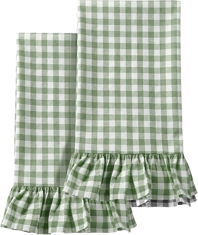 HunnmingRe 2 Pcs Green Gingham Kitchen Towels Cotton Ruffled | Checked Dish Towels 18"x28" Tea Cloths Plaid Cottage Core Kitchen Decor for Farmhouse Charm Drying Dishes Entertaining Guests