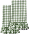 HunnmingRe 2 Pcs Green Gingham Kitchen Towels Cotton Ruffled | Checked Dish Towels 18"x28" Tea Cloths Plaid Cottage Core Kitchen Decor for Farmhouse Charm Drying Dishes Entertaining Guests