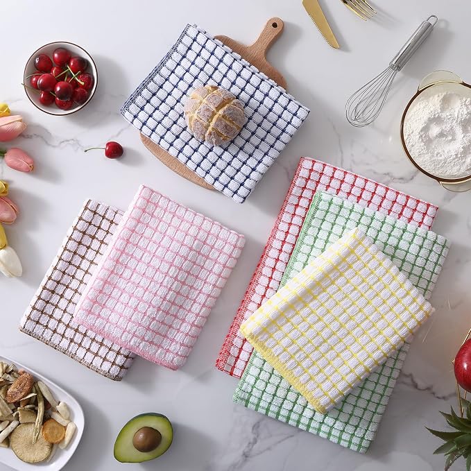 Mordimy Cotton 12 Pack Terry Kitchen Towels, 16 x 25 Inches | Super Soft and Absorbent Dish Towels, Quick Drying Hand Towels for Kitchen Drying, Red/Blue/Yellow/Green/Pink/Brown