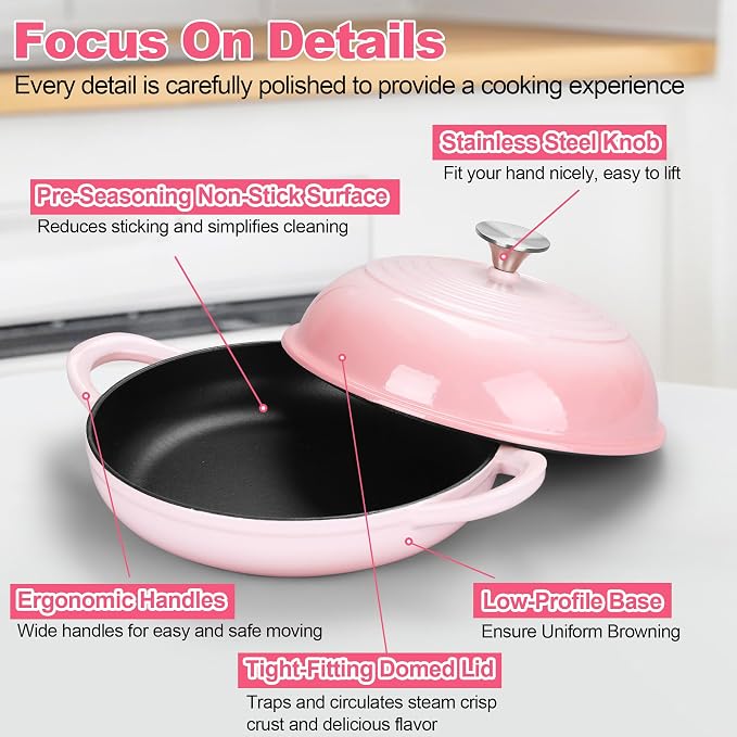 TeamFar Cast Iron Bread Dutch Oven, 6 Qt Enameled Dutch Oven Pot | for Sourdough Bread Baking, with Tall Dome Lid & Round Base Pan, Self-Basting & Even-Heating, Heavy-Duty & Non-stick, Pink