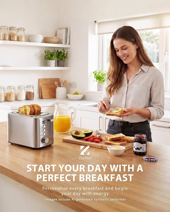 2 Slice Toaster with Countdown Timer, Wide Slots Fits Thick Bread & Bagel | 6 Browning Levels, Defrost, Reheat & Cancel, Removable Crumb Tray, Compact Design for Everyday Breakfast