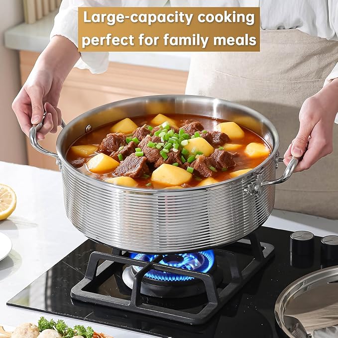 DELARLO Tri-Ply Stainless Steel 8QT Stock Pot,13 inch Everyday Pan with Lid, Kitchen Induction Deep Saute Pan,shabu shabu pot High Side Cooking Hot Pot Oven Safe Up to 600℉