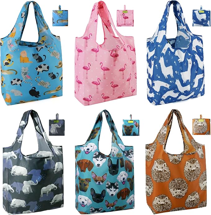 BeeGreen Shopping Bags Cloth Grocery Bags Foldable Travel Bag Tote Bags Bulk - Reusable Gift Bags with Handles (6 Pack) - Heavy Duty Large Washable Animal Holiday Design for Women Travel & Groceries