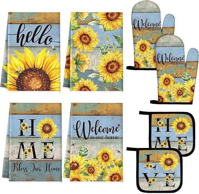 Leinuosen 8 Pcs Farmhouse Sunflower Kitchen Towels and Dishcloths Sets Oven Mitts and Pot Holders Sets Absorbent Kitchen Gloves Potholders Heat Resistant for Chef Baking Cooking