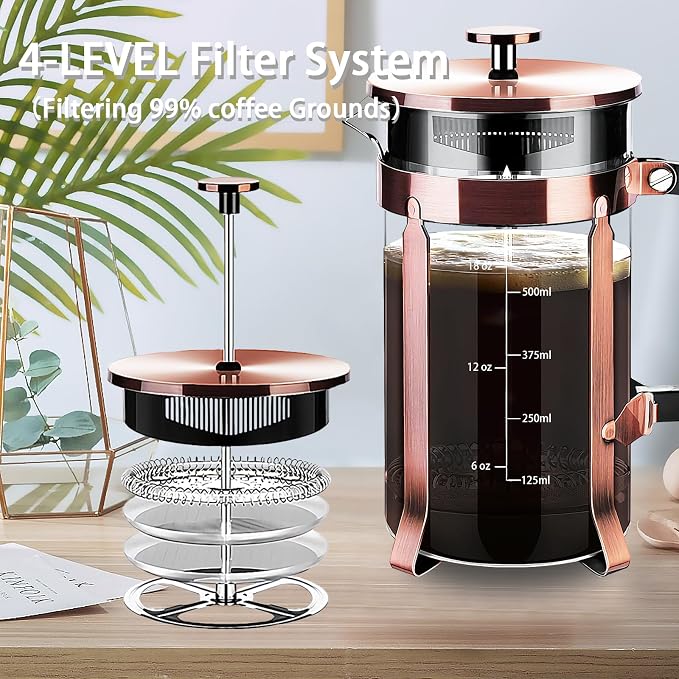 YMMIND French Press Coffee Maker 304 Stainless Steel Coffee Press,with 4 Filters System, Heat Resistant Thickness Borosilicate French Press Glass, BPA-Free Brewed Tea Pot Coffee Plunger(Copper 12oz)