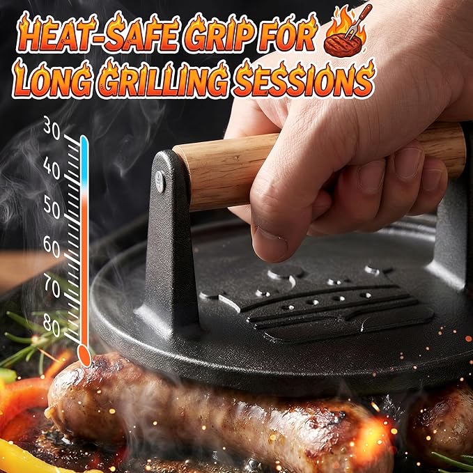 Smash Burger Press 6.5",Cast Iron Flat Round Burger Smasher, Gift | 2lb Heavy-Duty Grill Bacon Meat Press with Wood Handle,Nonstick hamburger Smasher for griddle accessories,BBQs and Tailgates