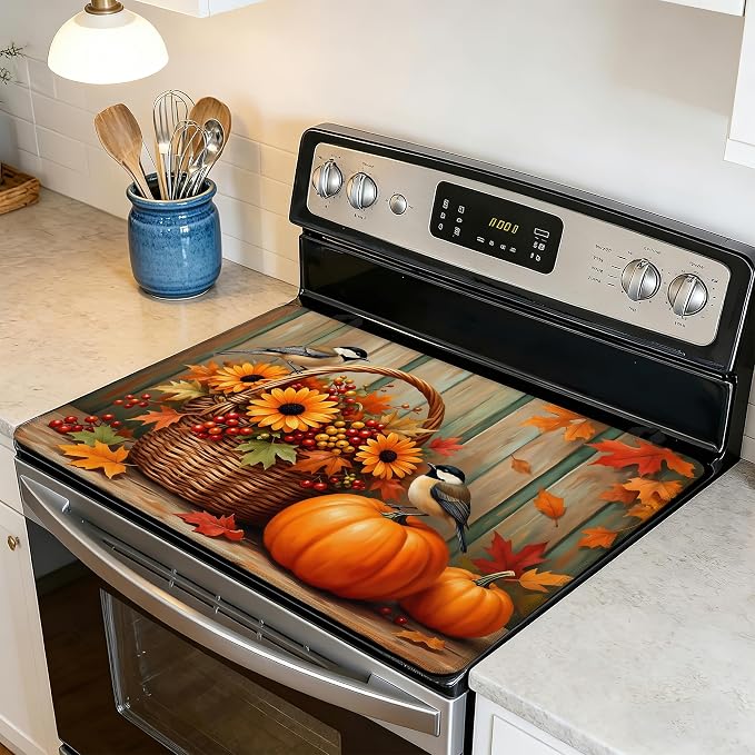 Fall Flowers Pumpkin Glass Top Stove Cover Protector,Cute Bird Stove Top Covers for Electric Stove,Washable Heat Resistant Cooktop Mat Anti-Slip Range Covers, 28 x 20 Inch